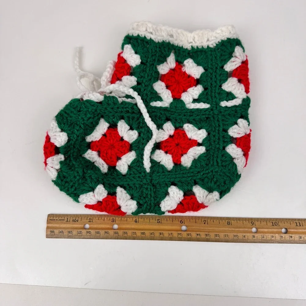 Vtg Small‎ Granny Square Red Green White Yarn Christmas Holiday Stocking Decor